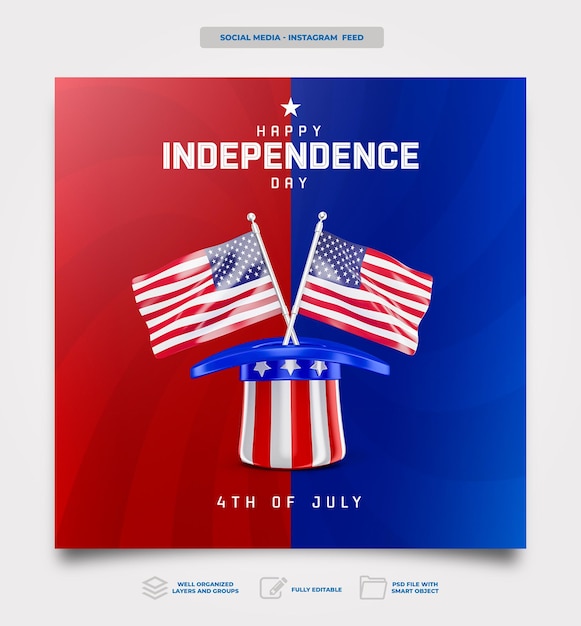 Postar mídia social dia da independência americana em design de modelo de celebração de renderização 3d