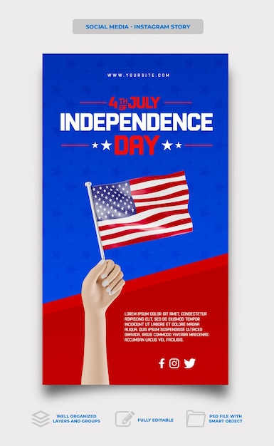 Postar mídia social dia da independência americana em design de modelo de celebração de renderização 3d