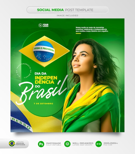 PSD postar mídia social dia da independência brasil em 3d renderização em português