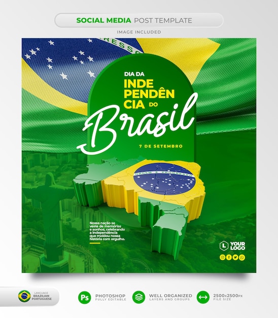Postar mídia social Dia da Independência Brasil em 3d renderização em português