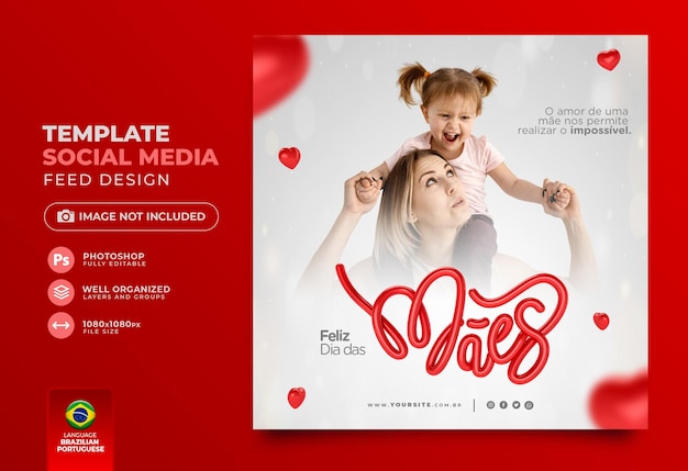 PSD postar mídia social feliz dia das mães em português renderização 3d para campanha de marketing no brasil