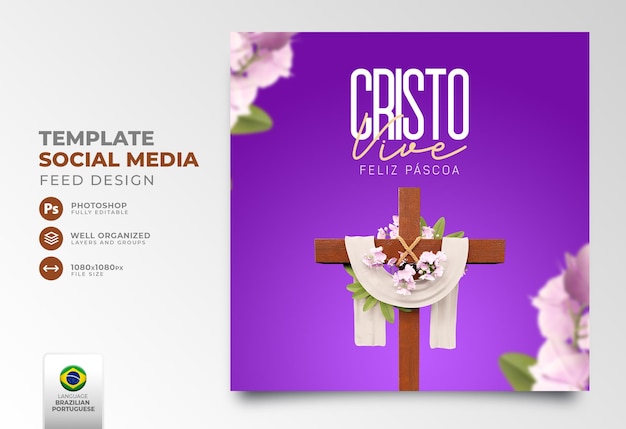 Postar mídia social feliz páscoa para o cristianismo em renderização 3d portuguesa