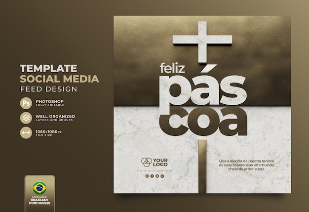PSD postar mídia social feliz páscoa para o cristianismo em renderização 3d portuguesa