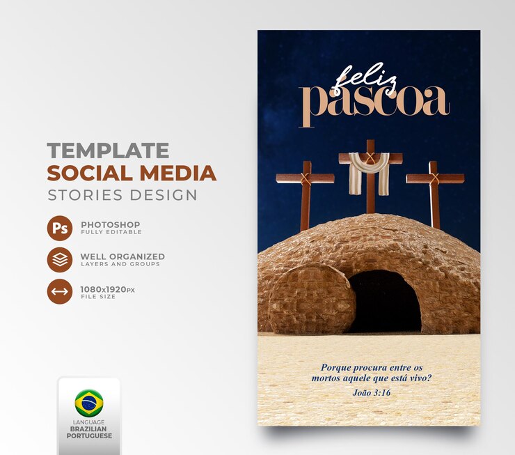 PSD postar mídia social feliz páscoa para o cristianismo em renderização 3d portuguesa