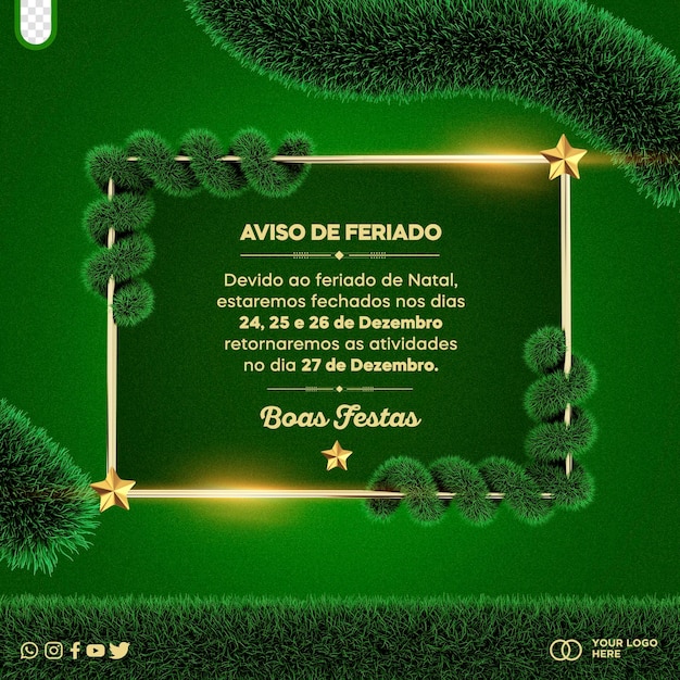 Postar modelo de mídia social para aviso de natal anúncio importante de feriado de natal