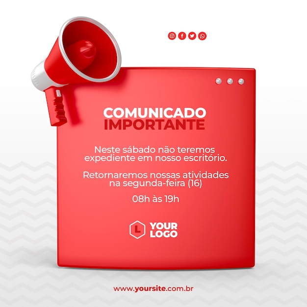 Postar nas mídias sociais anúncio importante com o ícone do megafone 3d render em português brasileiro