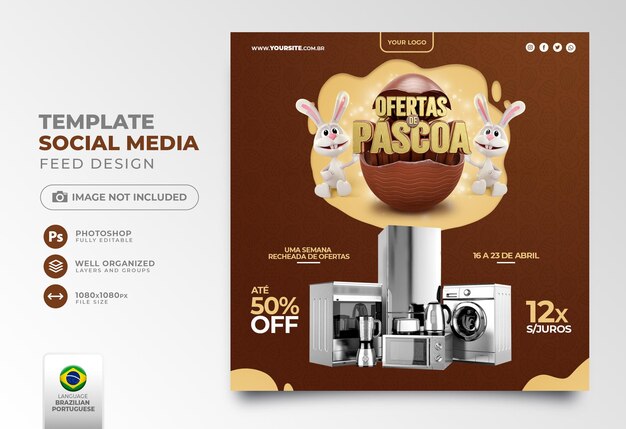 Postar ofertas de páscoa de mídia social em renderização 3d portuguesa para campanha de ofertas no brasil