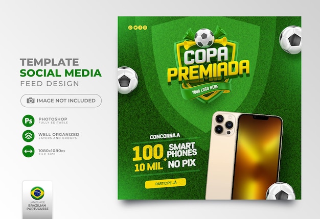 PSD postar prêmio da copa do mundo de mídia social em renderização 3d para campanha de marketing no brasil em português