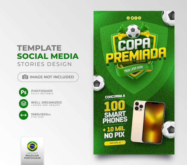 PSD postar prêmio da copa do mundo de mídia social em renderização 3d para campanha de marketing no brasil em português