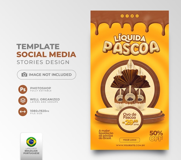 Postar promoções e ofertas de design de modelo de renderização 3d de venda de Páscoa de mídia social em português