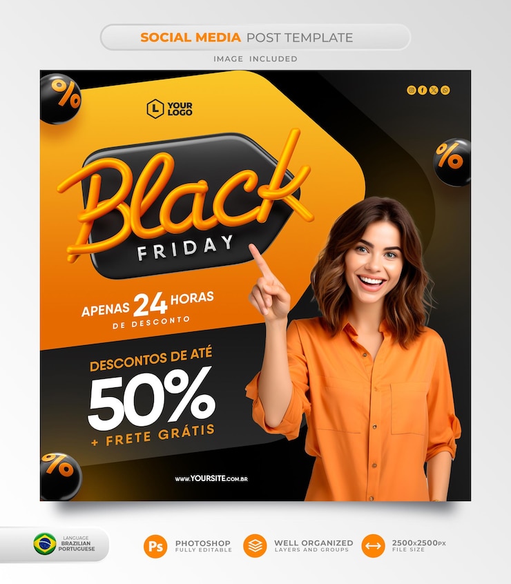 PSD postar sexta-feira negra nas redes sociais em renderização 3d em português para campanha de marketing no brasil