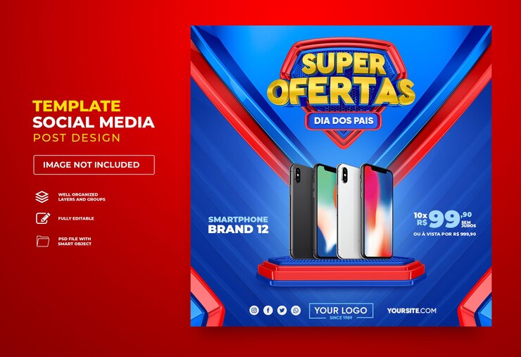 PSD postar super ofertas nas redes sociais no brasil 3d render template design em português feliz dia dos pais