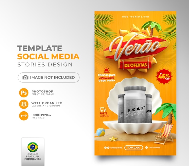 Postar verão de mídia social de ofertas no modelo de renderização 3d do brasil para campanha de marketing em português