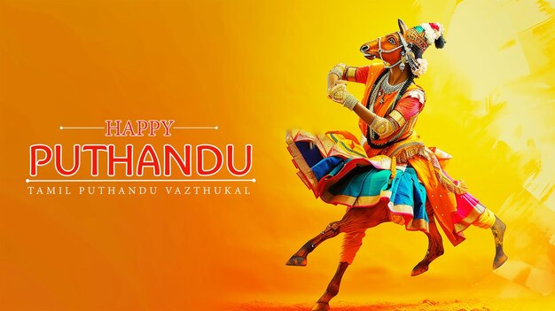PSD poste du nouvel an tamoul avec un artiste de danse folklorique traditionnel à chevaux à fausses pattes