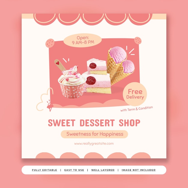 Poste Instagram de la boutique de desserts à la cerise douce et enjouée