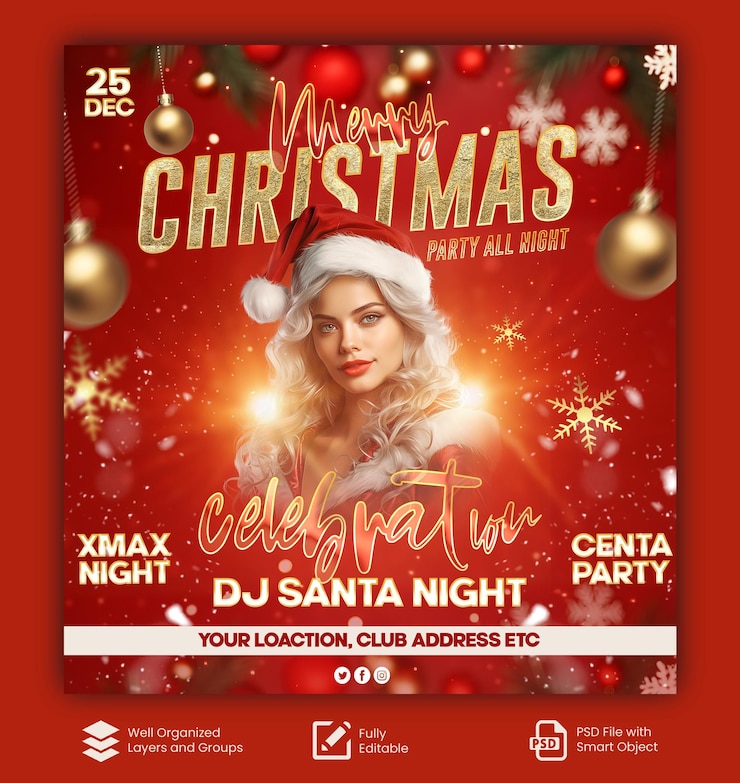 PSD poste sur les médias sociaux ou bannière web de la fête de noël du dj