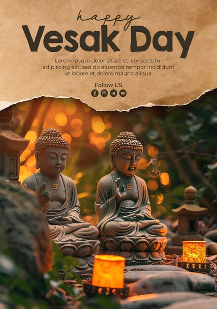 PSD poste de vœux de vacances de vesak avec en arrière-plan des disciples de bouddha avec un joli effet de rétro-éclairage