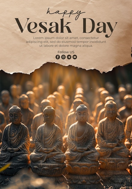 PSD poste de vœux de vacances de vesak avec en arrière-plan des disciples de bouddha avec un joli effet de rétro-éclairage