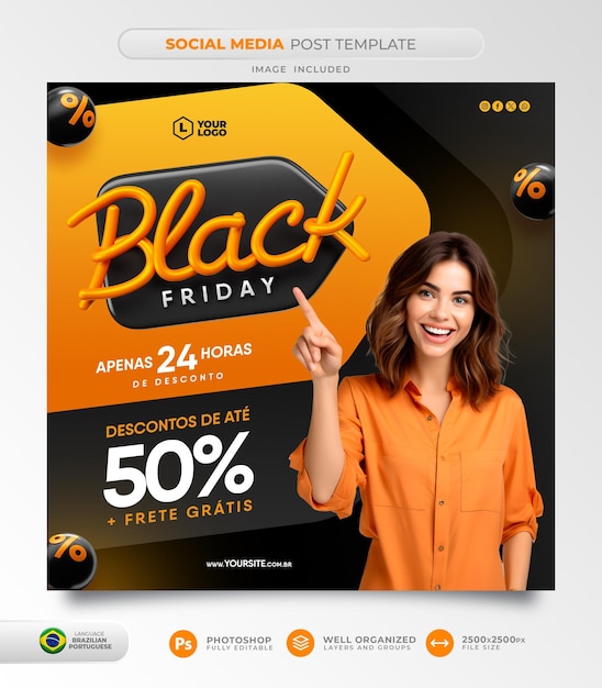 PSD posten sie social media black friday auf portugiesisch. 3d-rendering für eine marketingkampagne in brasilien