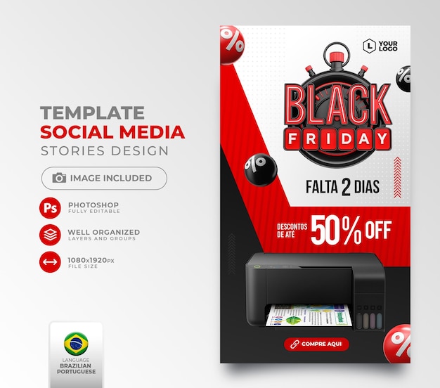 Posten sie social media black friday auf portugiesisch. 3d-rendering für eine marketingkampagne in brasilien