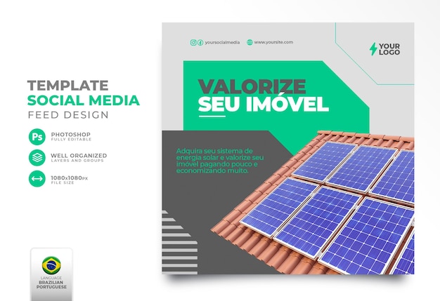 Posten sie social-media-solarenergie in portugiesischer 3d-darstellung für eine marketingkampagne in brasilien