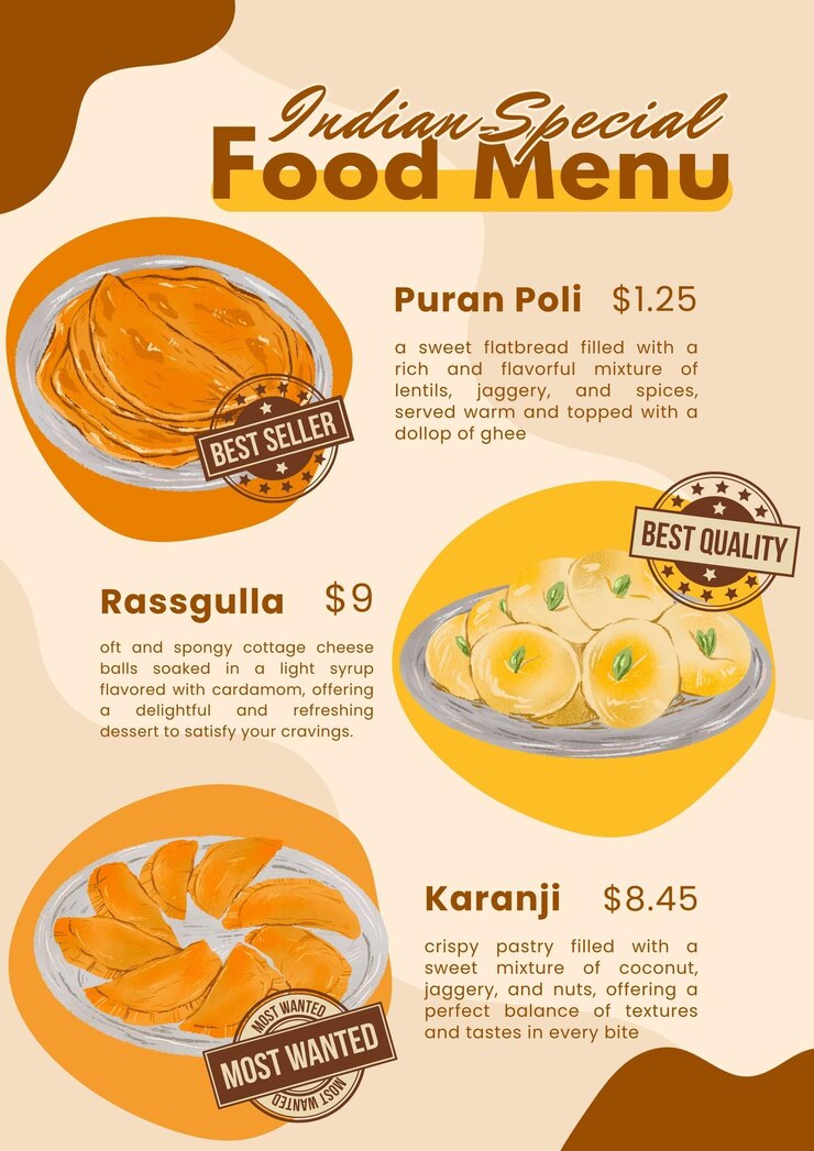 PSD poster 1 del menú de un restaurante indio simple de color marrón y amarillo