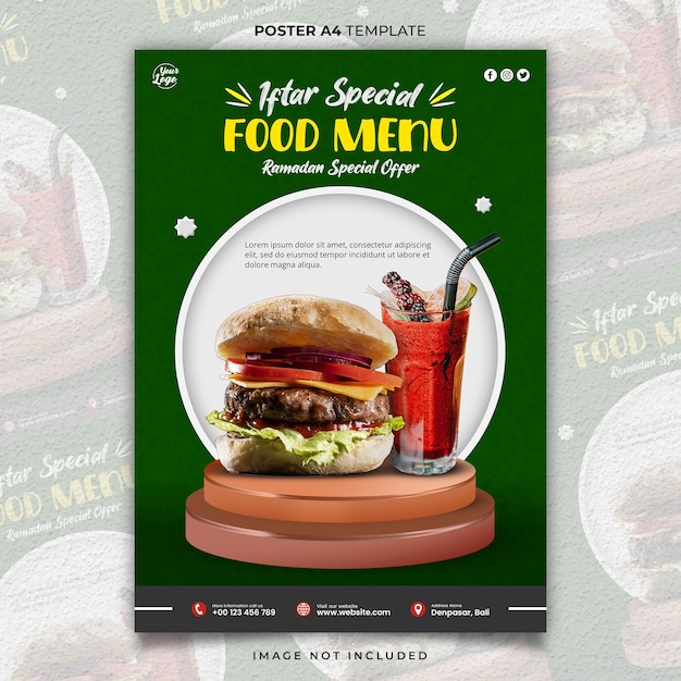 Poster A4 Ou Modèle De Bannière Du Menu Alimentaire Spécial Du Ramadan Vert