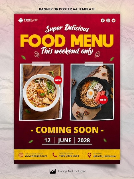Póster A4 o plantilla de banner para menú y restaurante de comida súper deliciosa