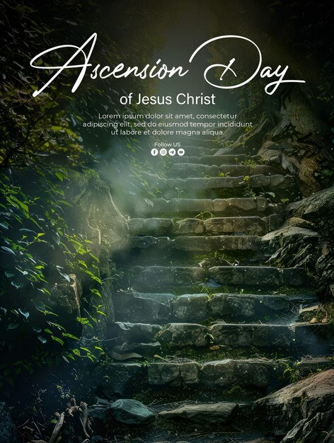 PSD póster de la ascensión de jesús cristo con fondo escalera al cielo