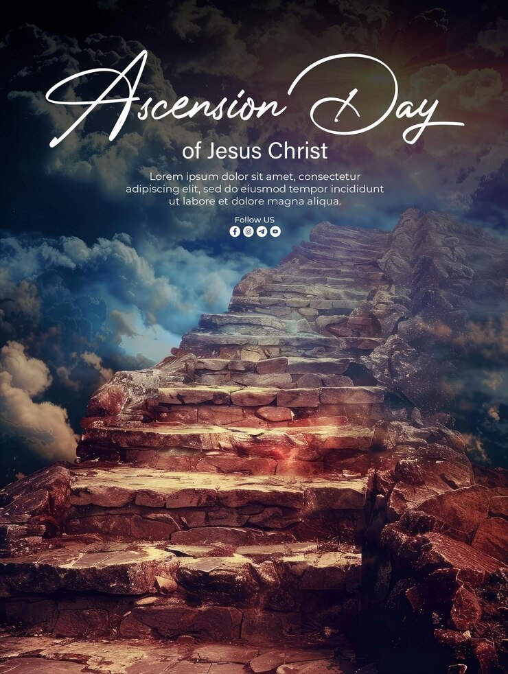 PSD póster de la ascensión de jesús cristo con fondo escalera al cielo