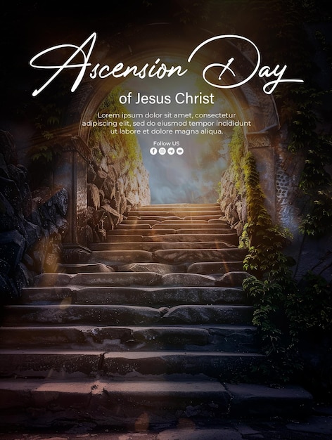 Póster de la ascensión de jesús cristo con fondo escalera al cielo