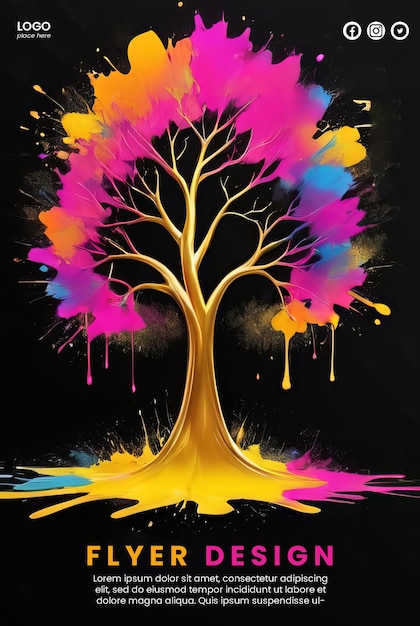 Poster astratto creativo con disegno d'albero dorato e al neon