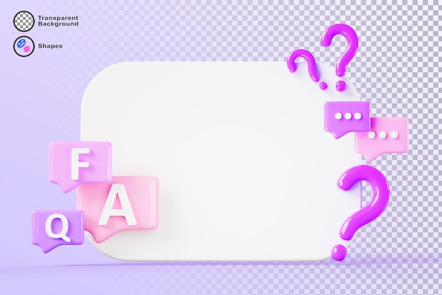 Poster bianco 3D con bolle di faq di discorso rendono l'icona dei social media domanda risposta post banner modello con caselle di messaggio di chat cornici di dialogo e segni di domanda su sfondo viola
