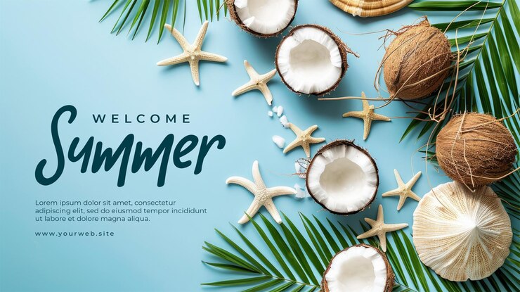 PSD póster de bienvenida a la fiesta de verano con estrellas de mar y cocos y hojas de palma
