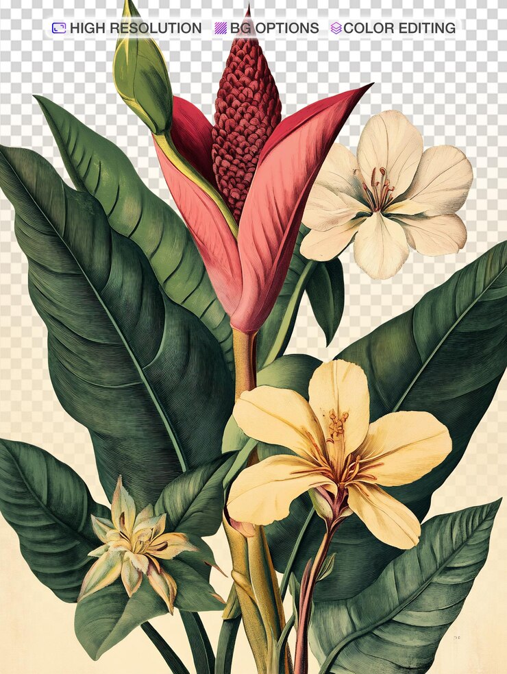PSD poster botánico retro con flores y hojas vibrantes