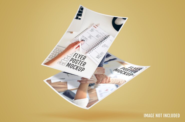 Poster Brochure Volantino Mockup Rendering 3D Foglio di carta Rendering 3d su sfondo isolato Poster volantino vuoto isolato per sostituire il tuo design