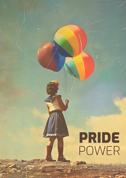 PSD un póster de una chica con globos con los colores del arco iris para el concepto de poder del orgullo