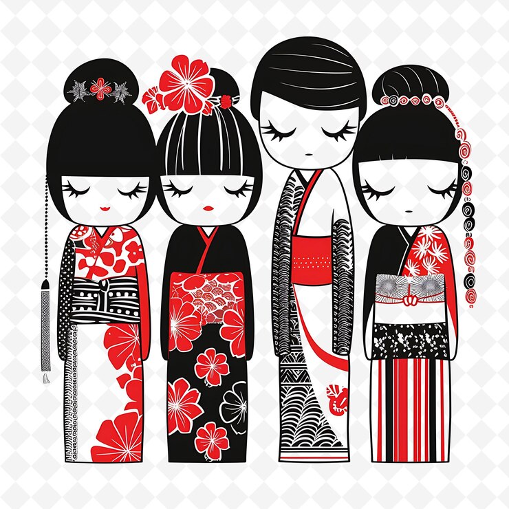 PSD un póster de chicas japonesas con un kimono rojo y negro