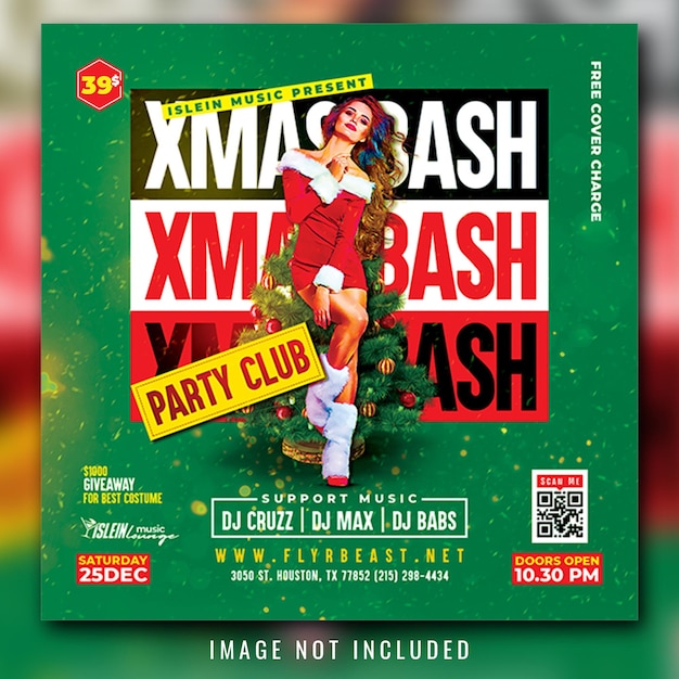 Un póster del club de fiestas navideñas para una fiesta con una chica vestida.