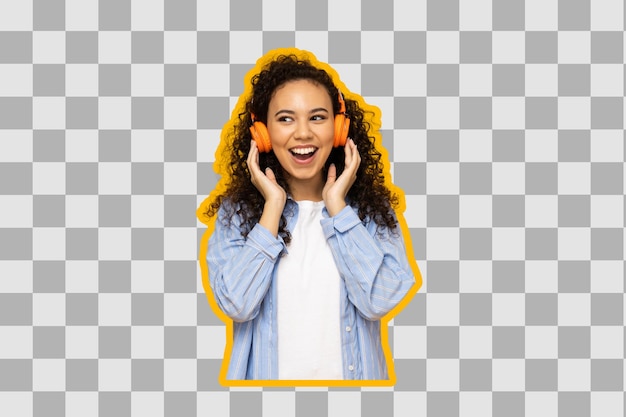 Poster de collage de PNG de una chica rizada sonriente con auriculares aislada sobre un fondo blanco