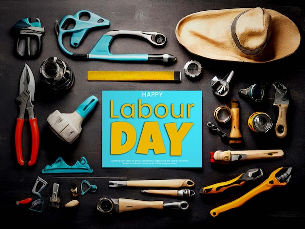 PSD poster del concepto de feliz día del trabajo con diferentes herramientas de construcción en fondo de mesa negra