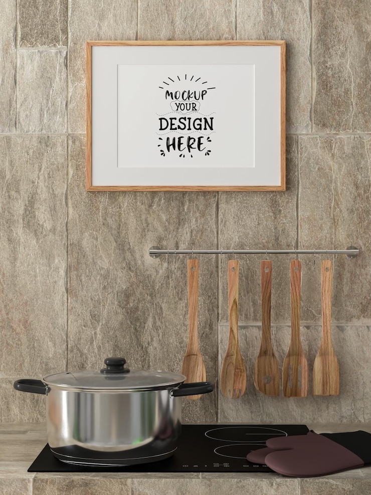 PSD poster cornice mockup interni in una stanza cucina