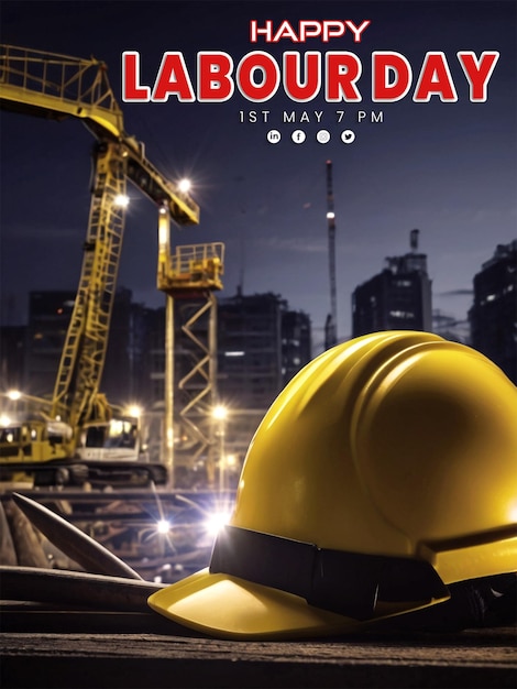 PSD poster creativo del día del trabajo y sombrero con diseño social de edificios de construcción