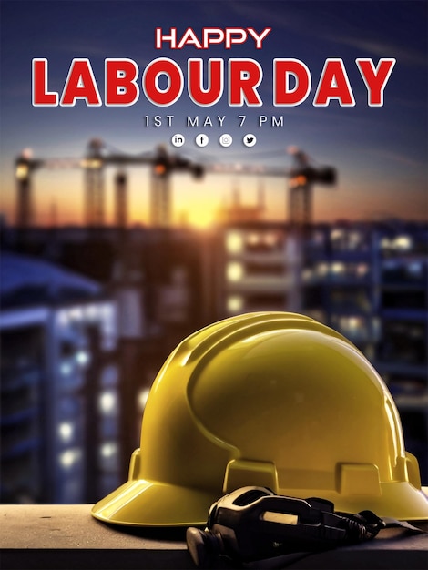 PSD poster creativo del día del trabajo y sombrero con diseño social de edificios de construcción