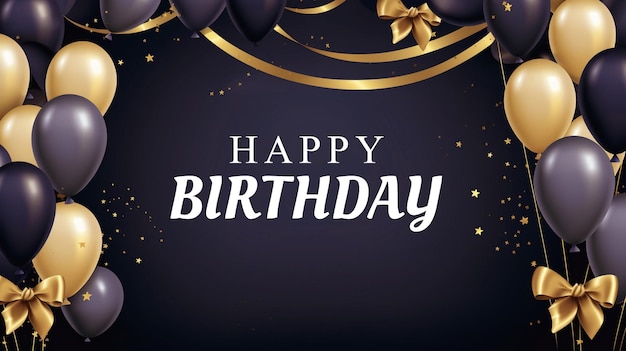 PSD poster de aniversário feliz com balões, bolo de aniversário e caixa de presentes backdrop background psd
