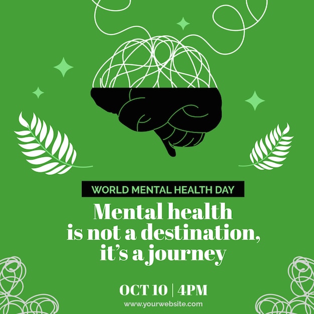 Poster de celebração do Dia Mundial da Saúde Mental e modelo de postagem nas redes sociais com uma citação