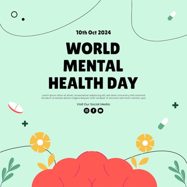 Poster de celebração do Dia Mundial da Saúde Mental e modelo de postagem nas redes sociais