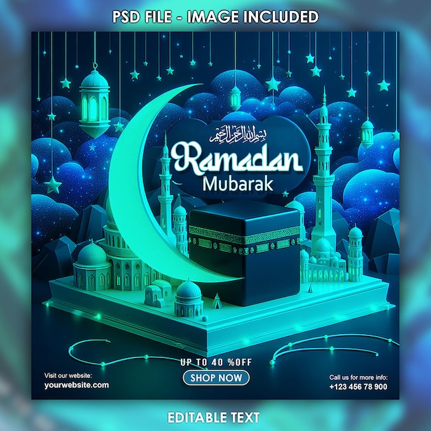 PSD poster de design de bandeira do ramadan kareem para o ramadan com uma mesquita e uma lua