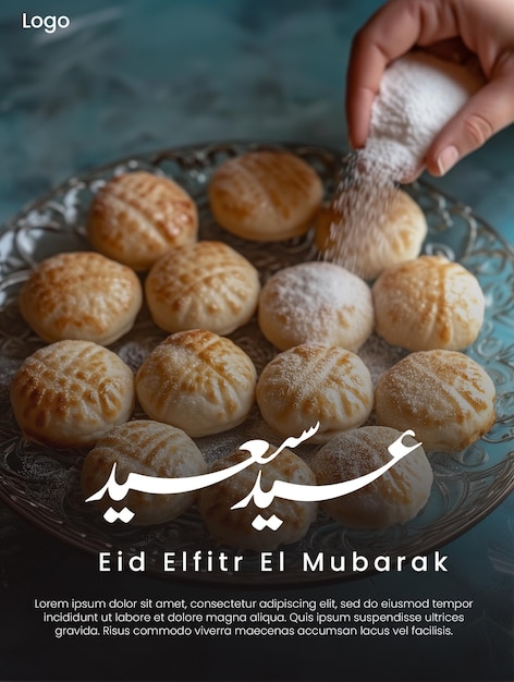 Poster de Eid Elfitr Mubarak do PSD com bolo árabe Kahk Elid no Eid Elfitr