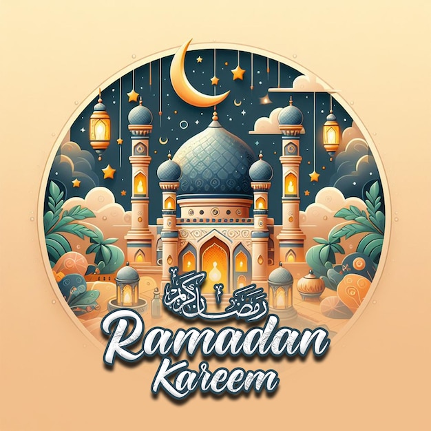 Poster de eid mubarak e ramadan kareem com fundo roxo e lua crescente em redes sociais